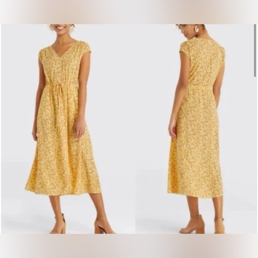 Draper James * Floral Midi Dress, Cinch Waist, Yellow, Small